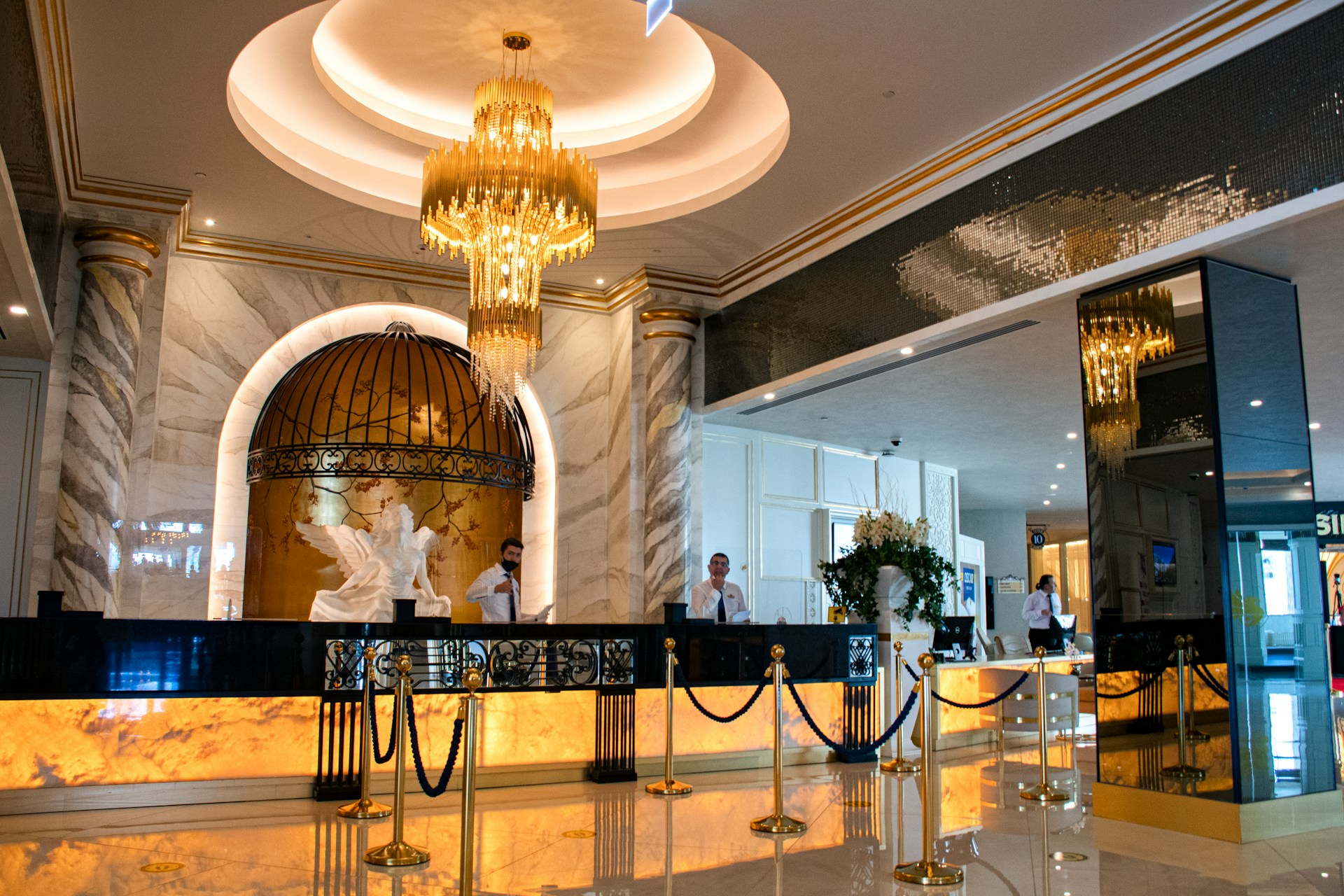 Grand hotel lobby with chandelier